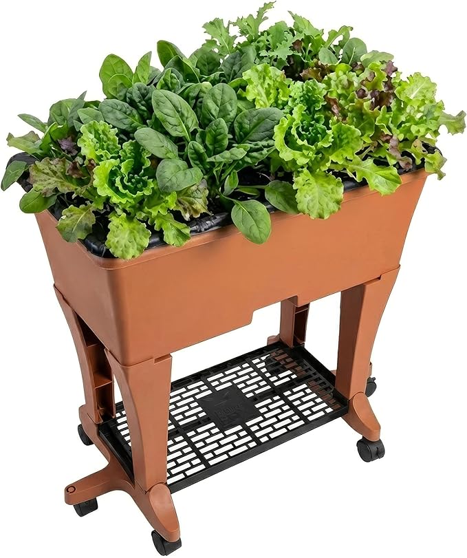 EarthBox Raised Garden Bed with Legs – Elevated Self Watering Planter Box with Wheels, Storage Shelf, Premium Plant Food, Easy Assembly, Made in USA, Terra