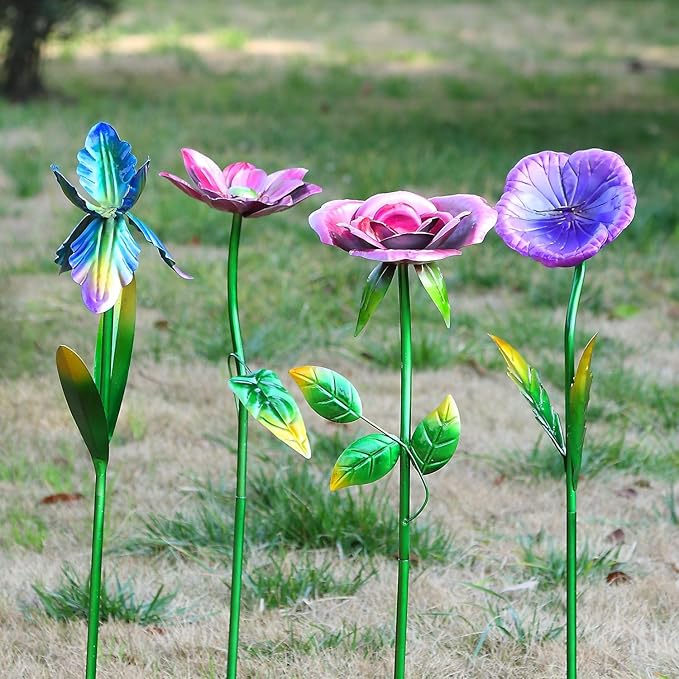 Voltogar 28.5" H Large Flower Stake Metal Decoration for Garden Set of 4, Plant Pick Art Ornaments Waterproof Stake for Lawn Porch Pathway Patio Flower Bed, Yard Outdoor Ornaments(Red & Purple & Blue)