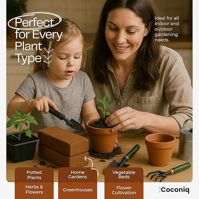 COCONIQ Premium Coco Coir Bricks 6 Pack - Lightweight Cocopeat for Garden Soil, Compressed Coconut Fiber Brick for Potting, Gardening, Planting, Seed Starting, Indoor & Outdoor Plants, Set of 6