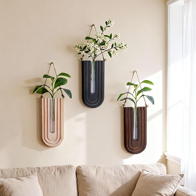 Wooden Wall Vase Set of 3, Wall Hanging Planter Modern Farmhouse Wall Decor for Boho Wall Decor for Indoor Entryway Hallway Bathroom Living Room Dining Room