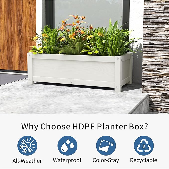HDPE Planter Box, All-Weather Outdoor Garden Bed Easy to Assemble, Drainage System, Low Maintenance, Non-Fading, for Flower/Herb/Seed (White)
