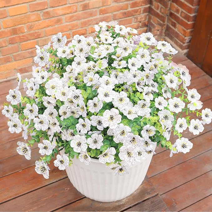BCBLF Faux Flowers for Outdoor Planters, Artificial Flowers for Outdoors, 12 Bundles Outdoor Flowers Uv Resistant, Artificial Flowers for Decoration, White Silk Faux Spring Flowers for Outside