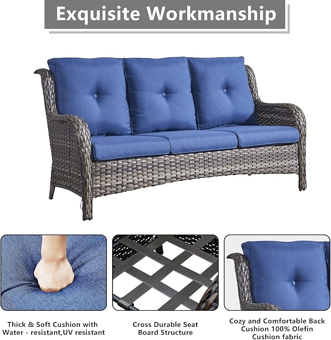 Rilyson Wicker Patio Furniture Set - 7 Piece Rattan Outdoor Sectional Conversation Sets with 1 Sofa,4 Armrest Chairs and 2 Ottomans for Porch Deck Garden(Mixed Grey/Blue)