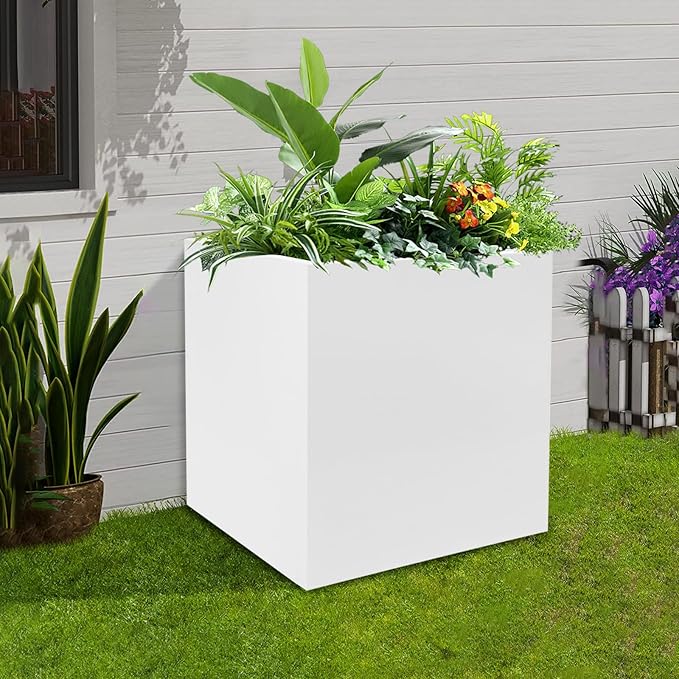 Steel Planter Box Metal Square Indoor Outdoor Planter Box for Outdoor Plants Large Planters Cube Heavy Duty Flower Pot Commercial Residential for Home Garden Deck Porch Patio (White, 17 x 17 x 18 in)