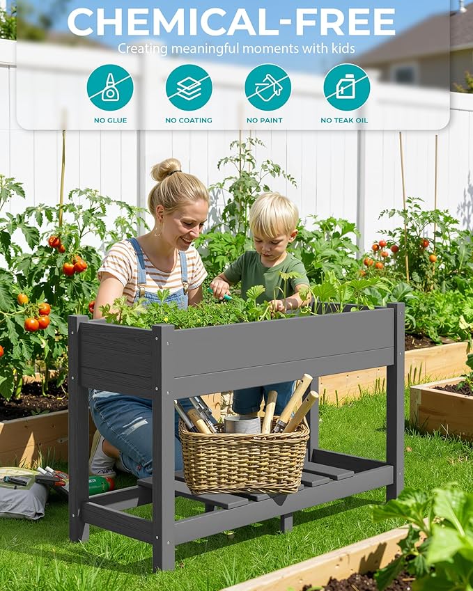 SERWALL Raised Garden Bed with Legs, 43"×17"×30" Large HDPE Elevated Planter Box for Vegetables Flower Herb Patio, All Weather Use- Gray