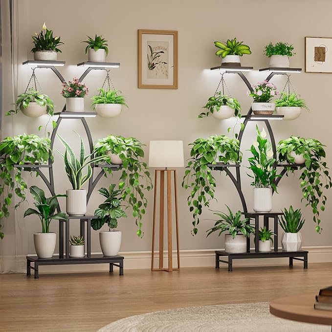 VOZZYOTO Plant Stand Indoor with Grow Lights - 7 Tiered Metal Corner Shelf for Multiple Plants, 63" Corner Plant Stand for Indoor Plants, X-Shaped Plant Rack for Home, Living Room, Office & Patio Decor