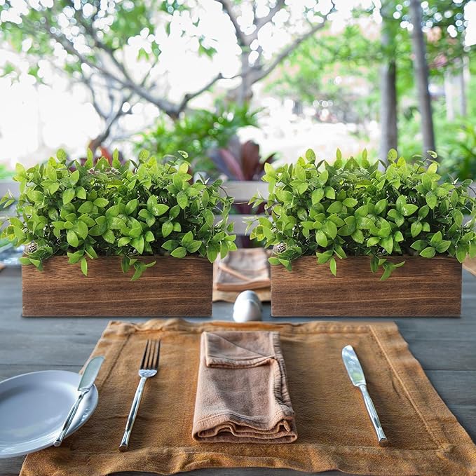 Lyrow 4 Pack Artificial Eucalyptus Plant in Rectangular Rustic Wooden Planter Box Faux Potted Herb Plant Table Centerpiece for Kitchen Windowsill Shelf Decor (Brown,11.4 '')