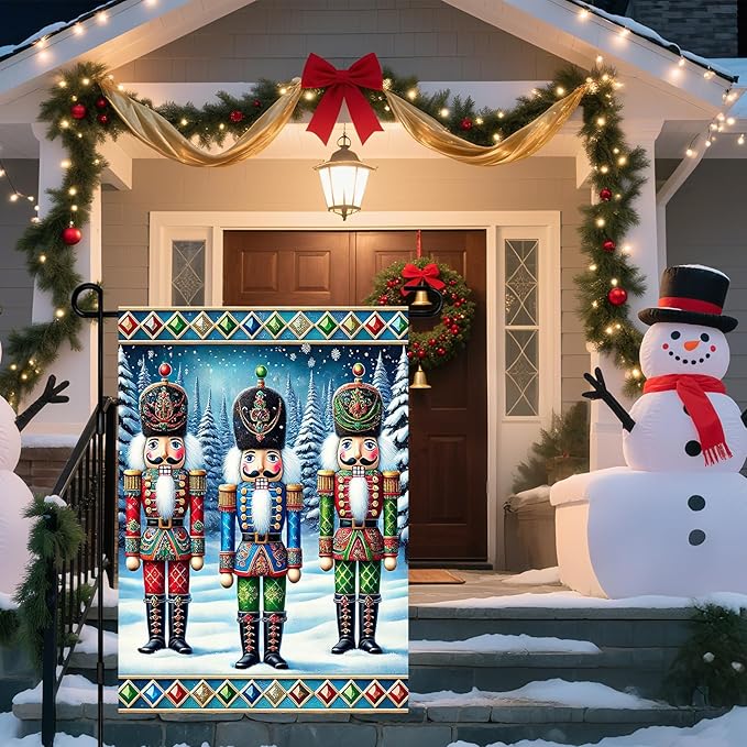 IVN Christmas Garden Flag 12x18 Inch Nutcracker Soldiers in Colorful Uniform with Snowy Pine Trees and Holiday Border Flag Double Sided Outdoor Yard Banner for Porch Lawn Patio Decor Winter