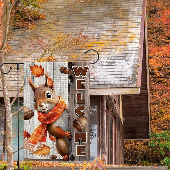 Welcome Fall Garden Flag 12x18inch The Nut Squirrel Fall Autumn Thanksgiving Garden Flags Yard Porch House Flag Double-Side For Home Outdoor Yard Patio Lawn Decor, Garden Decorations
