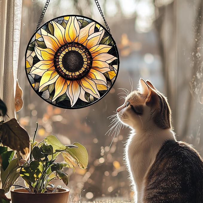 Stained Glass Window Hanging - Sunflower Suncatcher for Door Garden Patio Retro Flower Sun Catchers Decor Christmas Mother's Day Birthday Gifts for Women Mom Nana Friend Wife 11.8 in