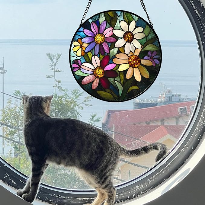 CRICRISGIF Stained Glass Window Hanging - Colorful Daisies Suncatcher for Door Garden Patio Retro Flower Sun Catchers Decor Christmas Mother's Day Birthday Gifts for Women Mom Nana Aunt Friend 9.8 in