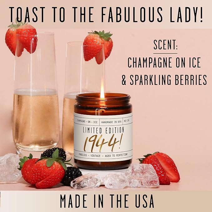 80th Birthday Gifts for Women - 'Limited Edition 1944' Soy, w/Champagne on Ice I 1943 Birthday Gifts for Women I 80 Birthday Gifts for Women I 16oz Reusable Jar, 50Hr Burn, Made in USA
