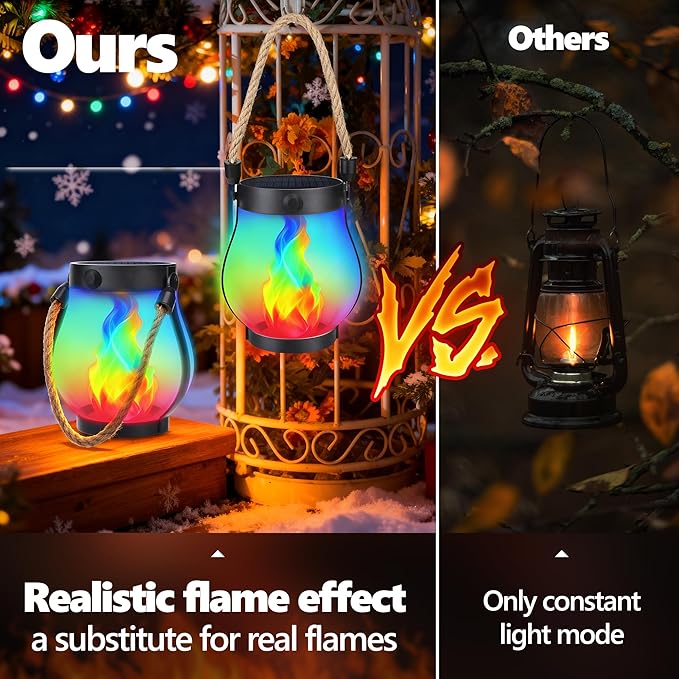 iBaycon 2 Pack Solar Lanterns Lights, Christmas Flickering Flame Garden Lights with 2 Modes Dual Charging USB & Solar, Outdoor Waterproof Hanging Lantern for Holiday Christmas Decor (Multicolor)