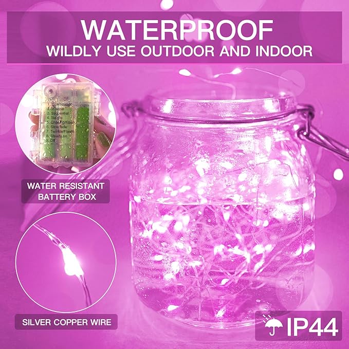 suddus Pink Valentine Day Fairy Lights Battery Operated, 66ft 200 LED String Lights with Remote & Timer, Waterproof Twinkle Lights for Bedroom, Romantic Wedding, Party, Indoor & Outdoor Decor