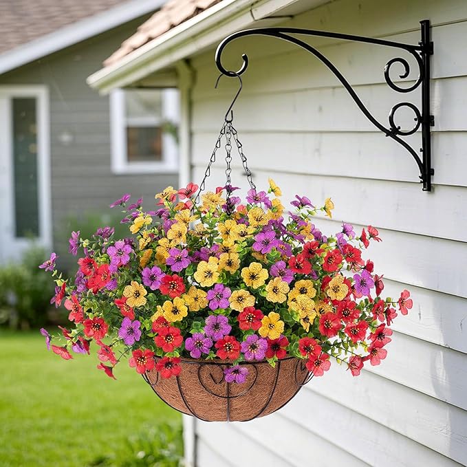 Artificial Flowers Hanging Basket for Outdoor Spring Decor, Fake Silk Mums Daisy with Eucalyptus in 12" Metal Coconut Lining Pot Arrangement for Home Patio Yard Decor(Purple Red Yellow)