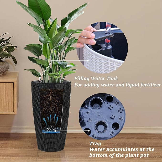 Vigo huseeo 22" Tall Planter Set of 2, Large Self Watering Pots for Indoor/Outdoor Plants with Drain Holes, Water Level Monitor, Inner Bucket for Front Porch Patio, Black Rattan Conical