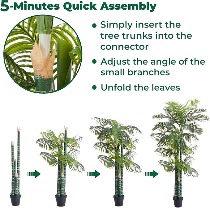8.5FT Tall Golden Cane Palm Tree with 4 Trunks (1 Pack), Extra Lush Large Faux Plants, UV Resistant Indoor/Outdoor Fake Plant in Heavy Cement Pot - Realistic Tropical Decor for Patio, Home, Office