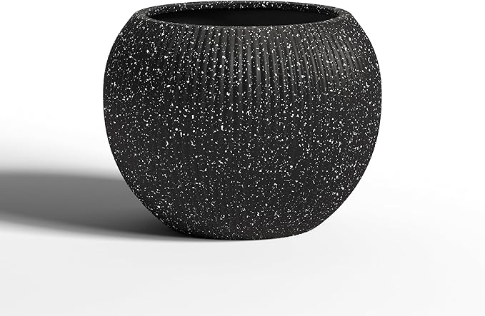 DTY Signature Mount Sherman 12.6''D x 9.8''H Modern Indoor Outdoor Fiberstone Sphere Planter, Durable Round Garden Pot, Weather Resistant, Drainage Hole & Rubber Plug (Ribbed Black, Small)