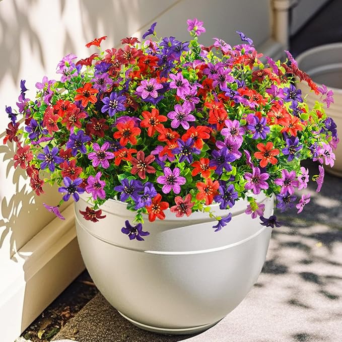 Artificial Flowers for Outdoors 12 Bundles Fake Plants Spring Home Decoration, Realistic Faux Flower Silk Daisy with Eucalyptus Stem UV Resistant Patio Planter Porch Yard Window(Mix 4 Colors)