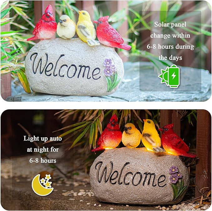 Ovewios Solar Garden Statues Outdoor Decor, Welcome Sign Garden Sculptures Statue Novelty Birds Figurine Decoration for Patio Yard Porch Art Home Decor