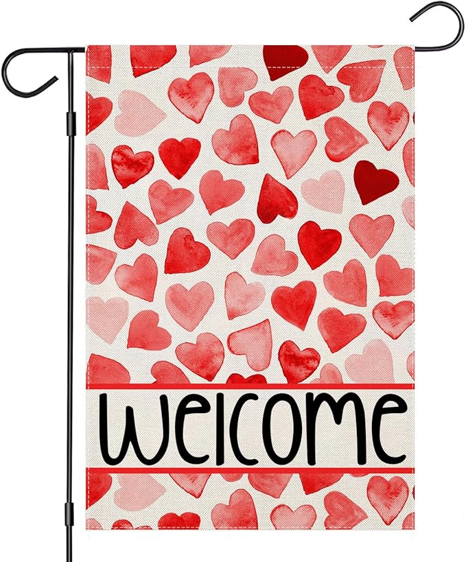 Welcome Love Hearts Garden Flags for Outside Decoration, Valentines Love Hearts Small Yard Flag, Anniversary Wedding Seasonal Farmhouse Holiday Outdoor Decor 12x18 Inch Vertical Double Sided