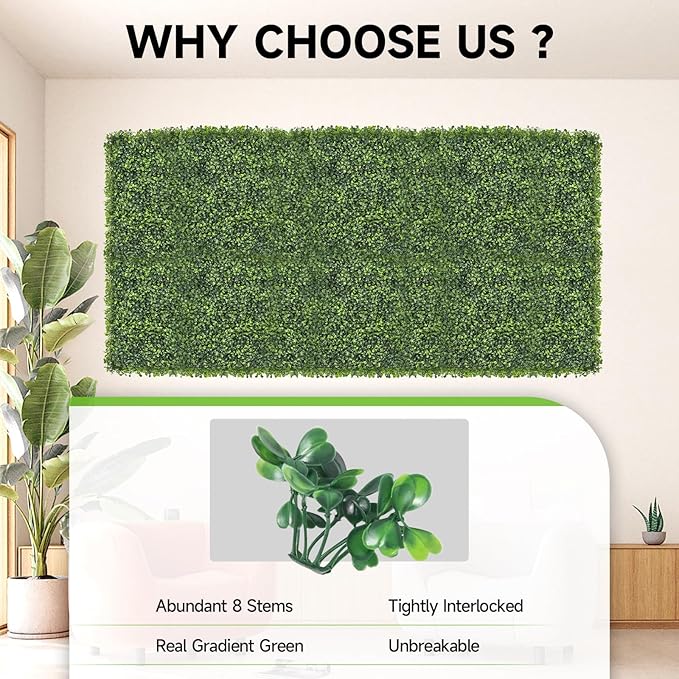 Skloopearg Artificial Grass Wall Panels, 8 PCS 10"x10" Boxwood Hedge Wall Panels with 100 Zip Ties, Boxwood Panels Backdrop for Outdoor Indoor Decorative Garden Fences Backyard Patio Privacy Hedge