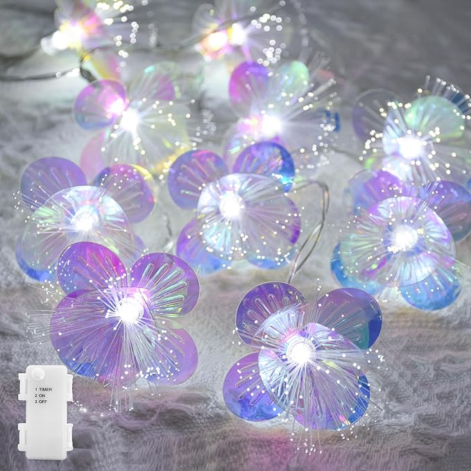 YOLIGHT Fiber Optic Flower String Lights Battery Operated with Timer, 6.5ft 10 LED Flower Garland Lights Fairy Lights for Room Table Wedding Christmas Easter Décor (White)