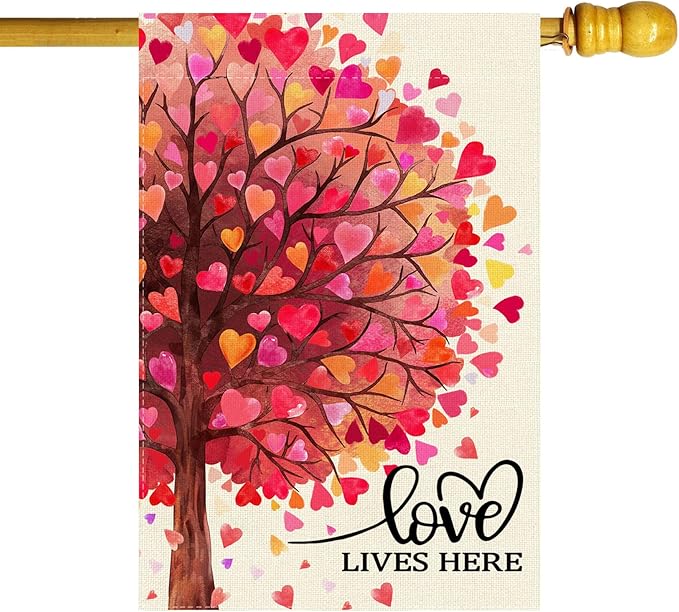 Love Lives Here Love Heart Shaped Tree Valentine’s Day House Flag large 28X40 Inch Big Vertical Double Sided Yard Outdoor Outside Holiday Decoration