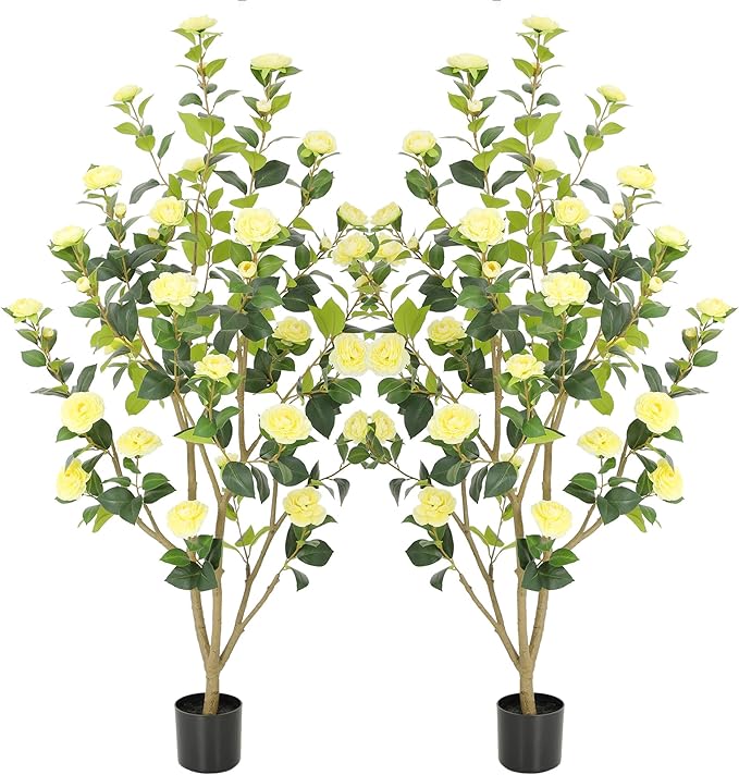 Nafresh 5FT Lush Artificial Yellow Camellia Tree Outdoor 2 Pack, 60inch Faux Camellia Plant, Fake Camellia Flowers Tree for Indoor Outdoor Living Room Home Patio Front Door Garden Decor