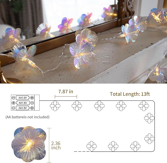 YOLIGHT Fiber Optic Flower String Lights Battery Operated with Timer, 13ft 20 LED Flower Garland Lights Fairy Decor Light for Room Table Wedding Christmas Easter Décor (Warm White)