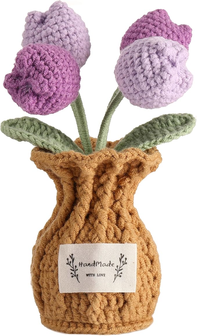 YOOJEE Tulip Crochet Flower Potted Plant Handmade Desk Decor Gift