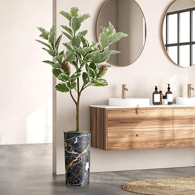 Artificial Tree in Modern Granite Effect Planter, Fake Rubber Silk Tree for Indoor and Outdoor Home Decoration - 70" Overall Tall (Plant Pot Plus Tree)
