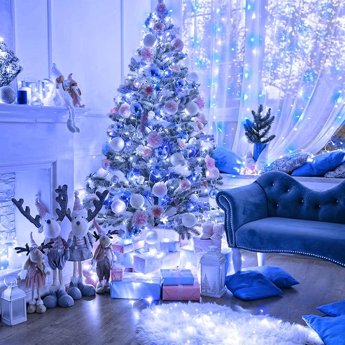 Blue White Christmas Lights Outdoor 400 LED Christmas Tree Lights 8 Modes Clear Wire, 131ft Plug in Waterproof Twinkle Fairy Lights for Indoor Outside Bedroom Party Xmas Halloween Decorations