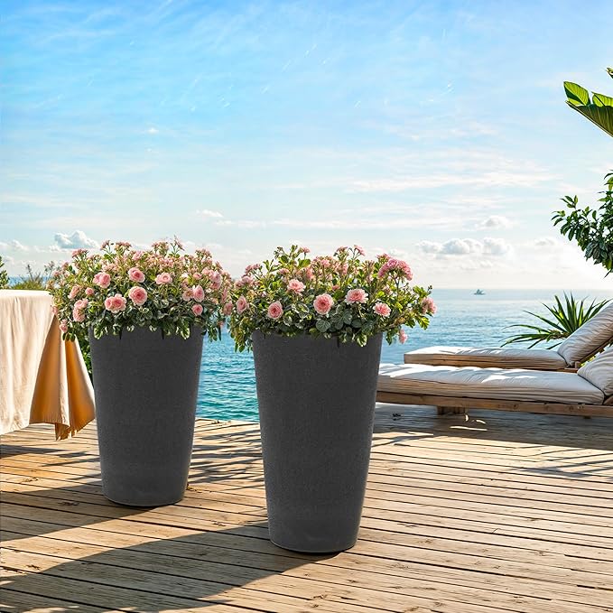 Autodaya 24" Tall Planters Set of 2, High-Density Resin Charcoal Outdoor Pots for Plants, Versatile Indoor/Outdoor Flower Pots w/Drainage Hole for Patio, Garden, Porch & Living Room Decor, Ideal Gift