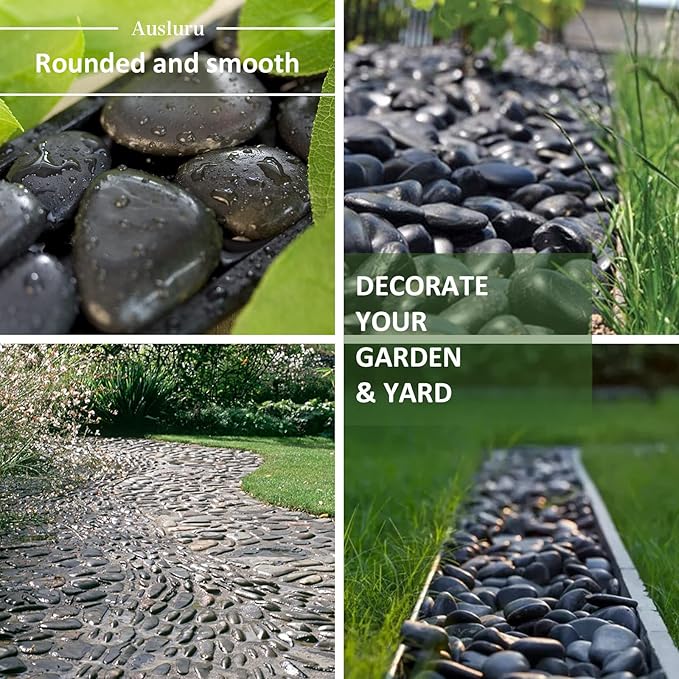 Ausluru 11lbs Natural River Rocks, High-Polished Pebbles for Plants Garden, 1-2 inch Decorative Stones, Ideal for Fish Tank, Vases, Garden Landscaping Rocks Landscaping, Black