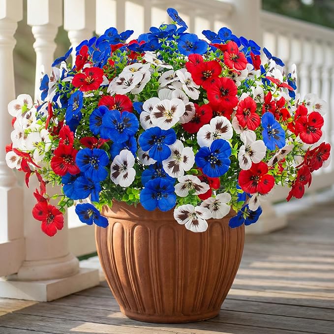 Artificial Fake Pansy Flowers for Outdoor, Faux Silk Pansies Spring Flowers for Outside for Planter Front Door Porch Yard Patio Window Box Home Decor (18, Red, White, Blue)
