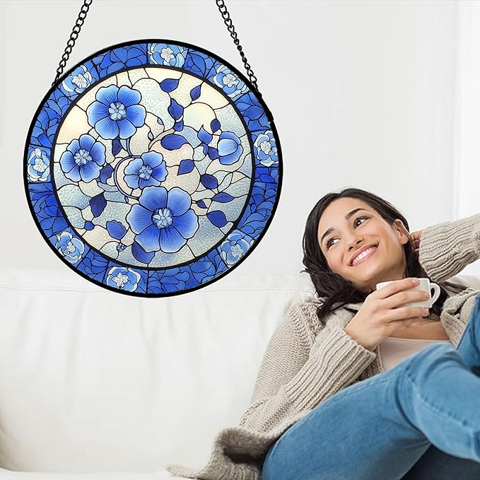 AMDERVEN Stained Glass Window Hanging, Blue and White Plum Blossom Sun Catcher for Door Home Decor Flowers Suncatcher Christmas Mother's Day Birthday Gifts for Women Men Mom and Nana 11.8 in