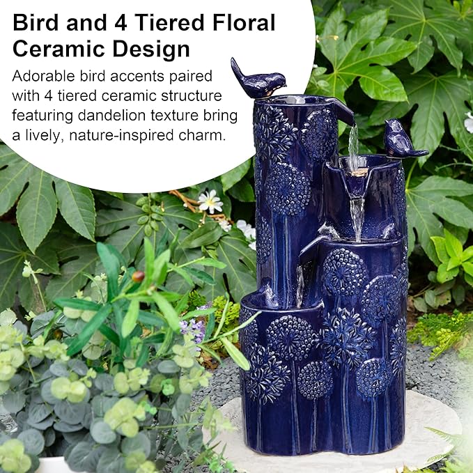 Glitzhome 27" H Outdoor Water Fountain with LED Light, Pump & Adapter, 4-Tier Cobalt Blue Dandelion Vase Ceramic Cascading Garden Fountains Waterfalls with Birds, for Porch Deck Patio Backyard