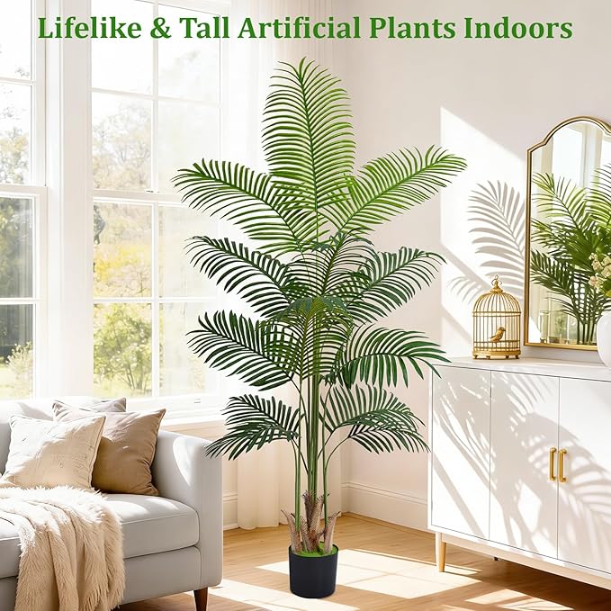 6 FT Artificial Plants Indoor, Tall Plant Palm Tree with Weighted Planter, Tropical Fake Tree with Realistic Leaves & Trunks for Home Office Living Room Bedroom Indoor Outdoor Decor