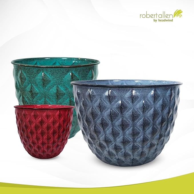 Headwind Glazed Ironstone Diamonte Collection – Capri Blue 12-Inch Decorative Plant Pot, Indoor & Outdoor, Vintage Diamond-Textured, Lightweight & Weather-Resistant for Garden Use by Robert Allen