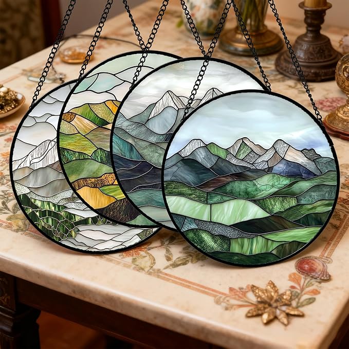 Stained Glass Window Hanging 4 Pcs Set Mountain River Landscape 7.8" - Suncatcher Door Garden Sun Catcher Decor Birthday Mother's Day for Mom Woman Nana Girl Boy Friend