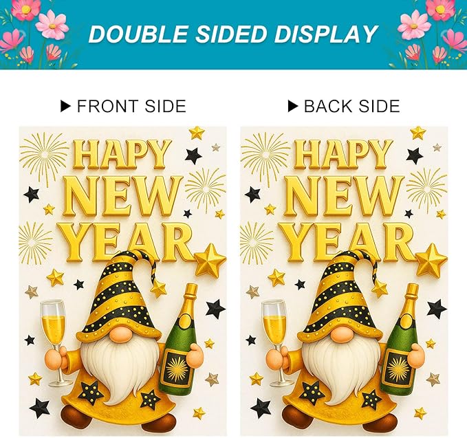 Happy New Year House Flag 28x40 Inch Double Sided Garden Flag Gold Gnome Champagne and Star Design Winter Holiday Yard Banner Large Outdoor Polyester Flag for Porch Lawn Home Decoration