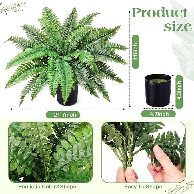 FineCheer Fake Ferns Potted Plant Faux Boston Bush in Pot Artificial Greenery Fern Plant for Spring Summer Patio Garden Farmhouse Windowsill Entrance Porch Office Living Room Decor (24 Leaves)