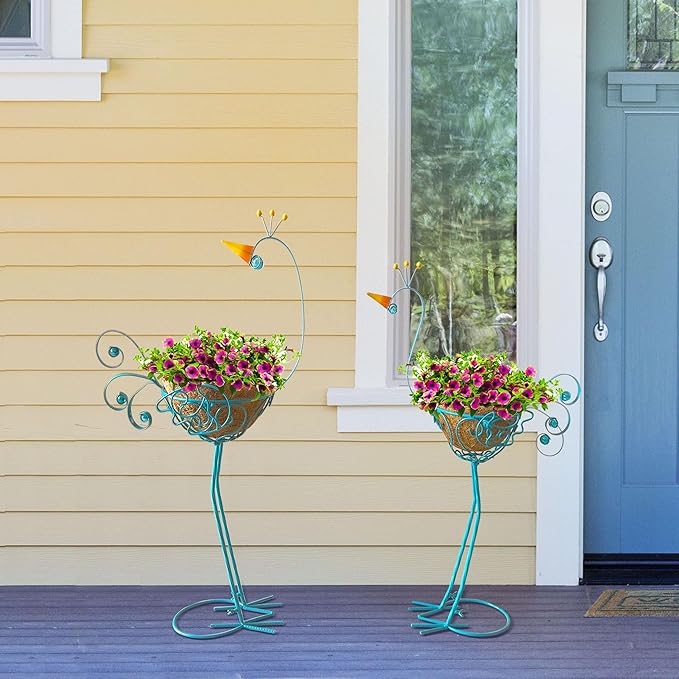 J-Fly Peacock Metal Plant Stand 2 Sets Flower Pots Holders, Planters for Outdoor Indoor Plants with Coconut Pots, Front Porch Garden Balcony Patio Decor for Plant, Valentine Decoration Gifts