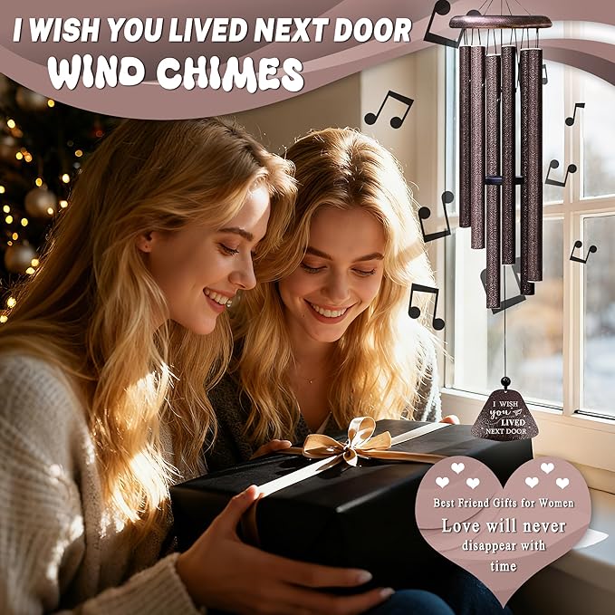 Fusui Birthday Gifts for Women Wind Chimes 32”, I Wish You Lived Next Door, Best Friend/Friendship/Bestie/Sister Gifts for Women, Christmas Anniversary Birthday Gift for Her Friend Sister Bestie Mom