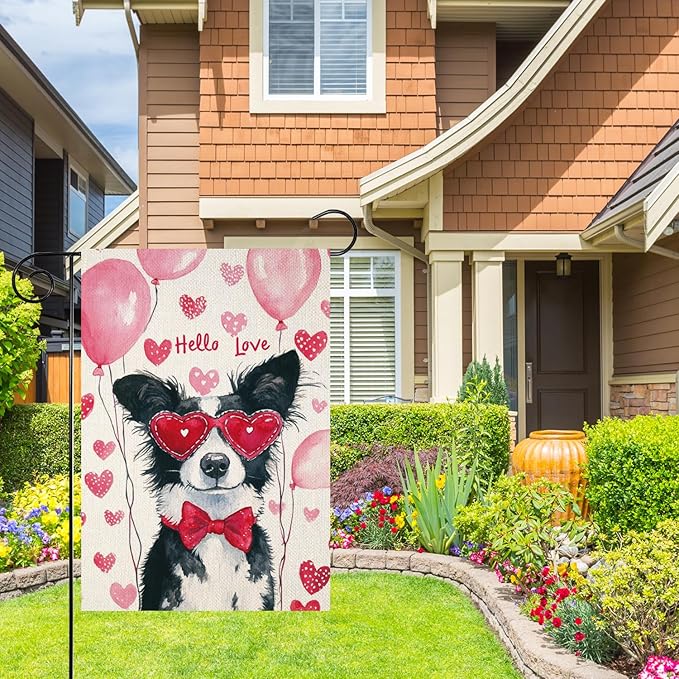 Valentine's Day Border Collie Hello Love Garden Flag, House Yard Plaid Love Heart Outside Decoration, Spring Holiday Wedding Anniversary Outdoor Small Decor 12x18(12622)