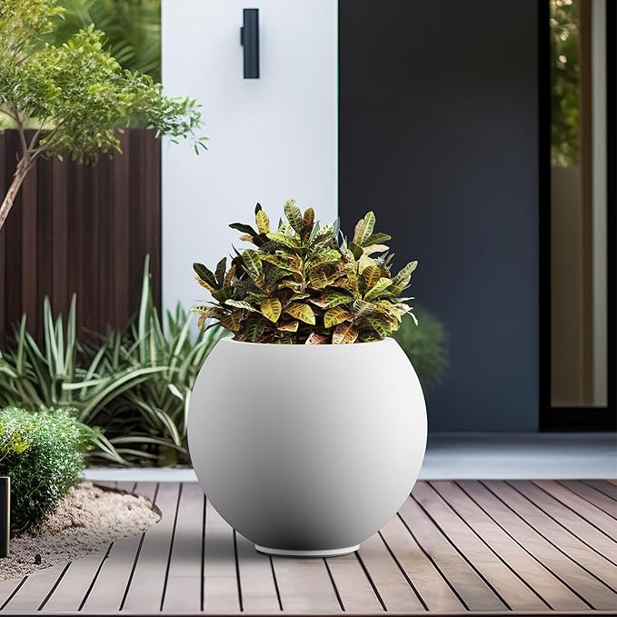 Kante Round Concrete Flower Pot, 19.3 Inch Dia (14" Opening) Sphere Shape Design Planter with Drainage Hole and Rubber Plug for Indoor & Outdoor Plants, White Finish with Painted Interior