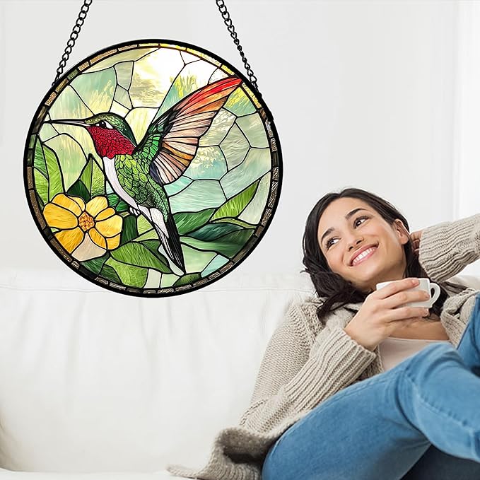 AMDERVEN Stained Glass Window Hanging, Green Hummingbird Sun Catcher for Door Home Decor, Birds Suncatcher Christmas Mother's Day Birthday Gifts for Bird Lovers Women Men Mom and Nana 11.8 in