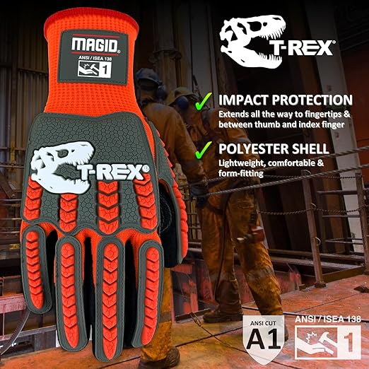 MAGID T-REX Flex Series Impact Gloves with Knuckle & Finger Protection, ANSI A1 Cut Resistant, Size 12/XXXL, NitriX Grip Work Gloves, 12 Pairs, TRX400