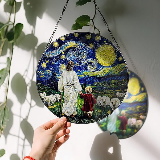 8 Inches Jesus with Child Stained Glass Suncatcher, Window Hanging Home Decor, Starry Night Ornament, Christian Gift, Religious Gifts for Her or Him, Gifts for Christmas